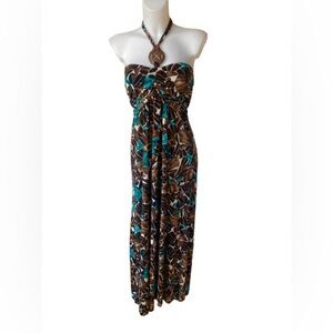 Le Chateau Brown Turquoise & Cream Abstract Patterned Halter Maxi Dress Large